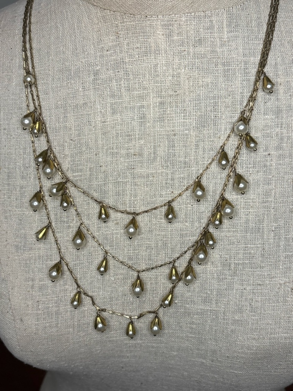 LOFT Triple Strand Pearl Fringe Necklace Antique Gold Floral Tulip Layered